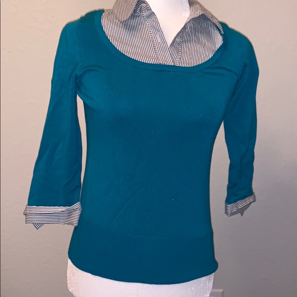 WHBM teal sweater with mock blouse